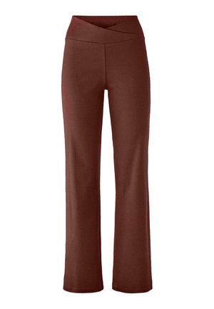 Brown wide-leg pants with an elastic waistband, featuring a crisscross design at the waist, made from a smooth, stretchy fabric.