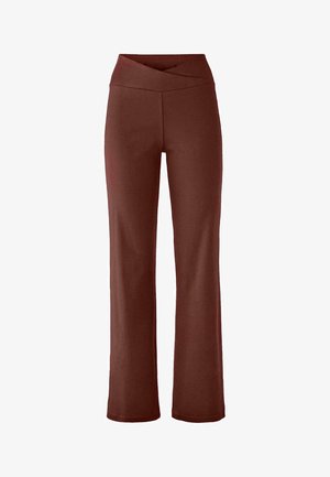 Bruine wijdeteen broek met een elastische tailleband, voorzien van een kruisontwerp op de taille, gemaakt van een gladde, rekbare stof.