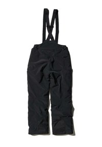 Pantaloni salopette neri impermeabili con bretelle regolabili, tasche con zip e un tessuto resistente. Presenta un taglio rilassato e orli rinforzati.