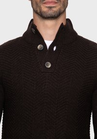 Maglione a maglia marrone scuro con un motivo a spina di pesce testurizzato, un colletto alto e due bottoni a contrasto sul collo.