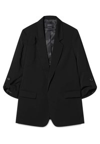 Blazer nero con spalle imbottite, revers a scendere e due tasche frontali. Presenta dettagli con bottoni sui polsini e una piacevole fodera interna.