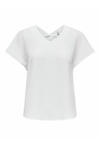 Haut blanc à manches courtes avec un col en V et un détail croisé au dos. Fabriqué à partir d'un tissu texturé avec une coupe ample et décontractée.