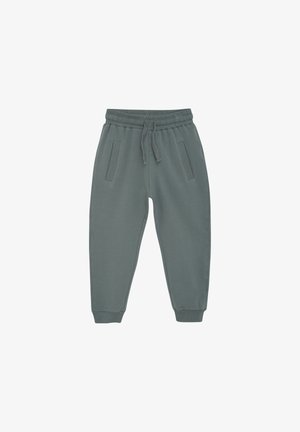 Baumwoll-Jogginghosen in gedämpftem Grün. Verfügt über einen elastischen Bund mit Kordelzug, zwei Seitentaschen und gerippte Bündchen an den Knöcheln.