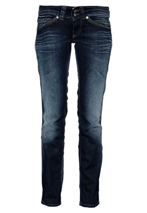 Donkerblauwe denim jeans met een slim fit, vijf zakken en subtiele vervaging op de dijen, voorzien van zilveren knoopaccenten en stiksels.