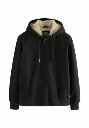 Zwarte hoodie met een ritssluiting aan de voorkant, fleecevoering, zijzakken en geribbelde manchetten, met een label aan de binnenkant van de nek.