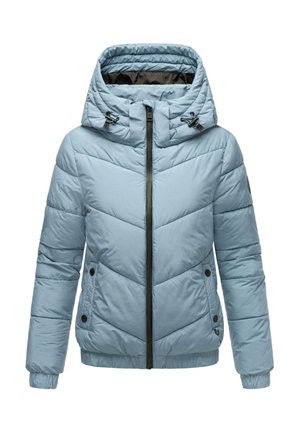 Vaaleansininen pehmeä takki huppulla, vetoketjukiinnitys, viistostikkauskuvio ja sivutaskut joissa on nappikiinnitys. Kevyt ja eristetty malli.