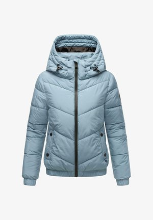 Jasnoniebieska ocieplana kurtka z kapturem, z zamkiem z przodu, w wzór w zygzak oraz bocznymi kieszeniami z zapięciem na guziki. Lekka i ocieplana konstrukcja.