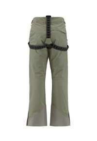 Pantaloni verdi da esterno con polsini grigi rinforzati e bretelle nere regolabili, mostrati da dietro su sfondo bianco.