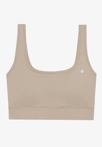 Beige bralette med u-formet hals, tykke stropper og en tettsittende design. Har en liten hvit logo på venstre side. Glatt tekstur.