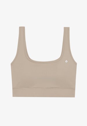 Beež bralette, millel on ümar kaelus, paksud rihmad ja keha lähedane disain. Vasakul küljel on väike valge logo. Sile tekstuur.