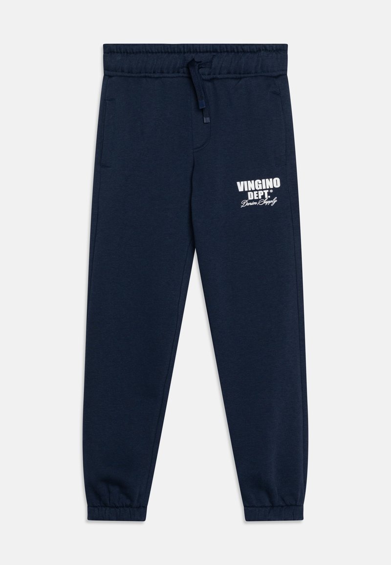 Dunkelblaue Sweatpants aus weichem Stoff, mit einem elastischen Bund und Kordelzug, zwei Seitentaschen und einem weißen Logo-Druckdetail.