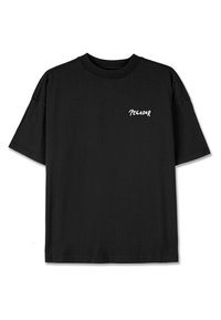 Czarny bawełniany t-shirt o luźnym kroju, z krótkimi rękawami i okrągłym dekoltem. Posiada białą, nadrukowaną na piersi grafikę z napisem "TEGADOR".