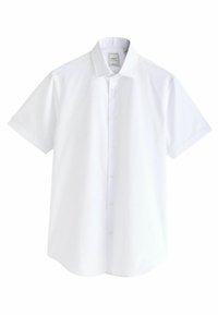 Weißes Kurzarmhemd mit Knopfverschluss vorne, breitem Kragen, glatter Textur und abgerundetem Saum. Etikett am Kragen sichtbar.
