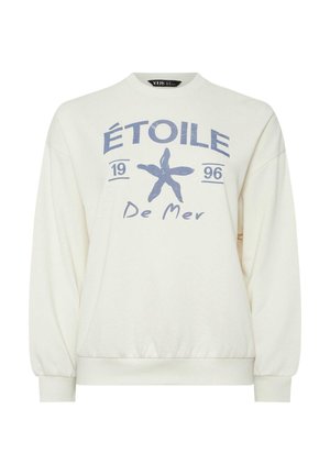 Felpa bianca con girocollo, grafica di una stella marina blu, testo "ÉTOILE 1996 De Mer", polsini e orlo a coste.