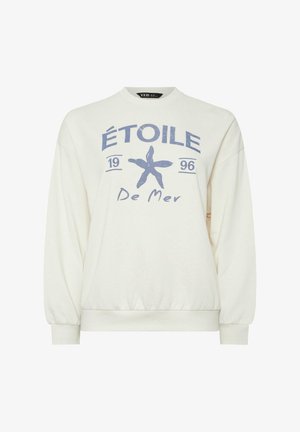 Hvid crewneck-sweatshirt med blåt søstjerne-grafik, tekst "ÉTOILE 1996 De Mer", ribbet manchetter og kant.