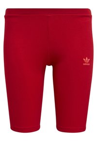 Červené kraťasy Adidas do kolen s malým světle oranžovým logem na levém stehně, mají hladký pás a přiléhavý střih.