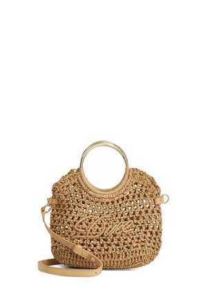 Brown woven handbag with large gold circular handles and adjustable leather shoulder strap, featuring a braided design and decorative front detail.