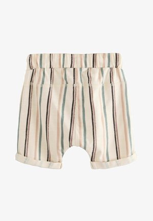 Csíkos rövidnadrág rugalmas derékkal. Az anyag világos színű, függőleges pasztell csíkokkal, feltekert szegéllyel és puha tapintással.