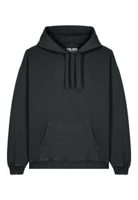 Felpa nera con cappuccio, maniche lunghe, tasca a kangaroo frontale e cappuccio con cordini, mostrata su uno sfondo bianco.