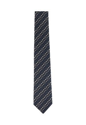 Cravatta blu scuro con un motivo a ripetizione di piccole forme astratte bianche e azzurre disposte diagonalmente.