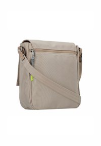 Beige Umhängetasche aus strukturiertem Material, mit einer Reißverschlusstasche auf der Vorderseite, verstellbarem Schultergurt und einem kleinen gelben Akzent am Reißverschluss.