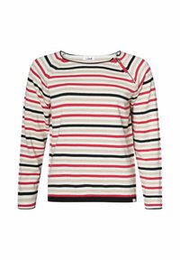 Haut à rayures à manches longues en crème, rouge, rose et noir. Il possède un col rond et une fermeture éclair sur le côté. Fabriqué en tissu doux et extensible.