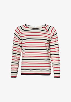 Cămașă cu mâneci lungi, cu dungi în nuanțe de crem, roșu, roz și negru. Are un decolteu rotund și un fermoar pe lateral. Fabricată dintr-un material moale și elastic.