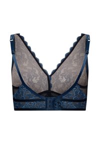 Tumman sininen pitsibralette, jossa on syvä kaula-aukko, aallotetut reunat ja säädettävät olkaimet. Läpinäkyvä pitsi tarjoaa tekstuuria.