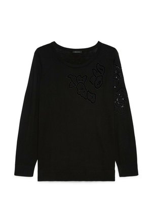 Schwarzer Langarmpullover mit rundem Ausschnitt und floralen Spitzen-Ausschnitten auf der oberen Brust und am linken Ärmel.