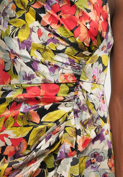 Floral dress featuring vibrant red, purple, and yellow flowers on a black background. Made of smooth fabric, with pleats and gathered detailing.