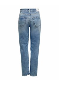 Gai zilgani denim džinsi ar taisnām kājām, divi aizmugures kabatas un balts uzlīme uz jostas, attēloti no aizmugures.