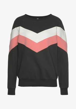 Dunkelgrauer Pullover mit einem Chevron-Muster in Weiß und Pink. Hergestellt aus weichem Material, mit einem gerippten Halsausschnitt und Bündchen.