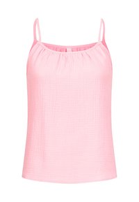 Top sin mangas de color rosa para mujer, hecho de una tela suave y texturada con detalles fruncidos en el escote y tirantes finos.