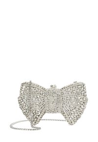 Metallic silver clutch bag shaped like a bow, adorned with various clear gemstones, features a silver chain strap for easy carrying.
