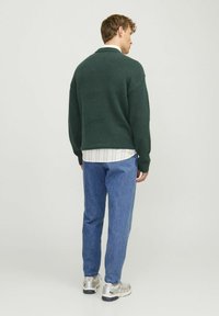 Suéter de punto verde oscuro con cuello redondo, usado sobre una camisa blanca a rayas, combinado con jeans azules y zapatillas plateadas.