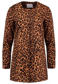 Naisten ruskea ja musta leopardikuosiset pitkähihainen takki, jossa on pyöreä kaula-aukko ja piilotettu etuvetoketju.