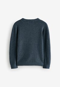 Maglione lavorato a maglia blu scuro con scollo rotondo, polsini e orlo a costine. Tessuto texture con un motivo uniforme su tutta la superficie.