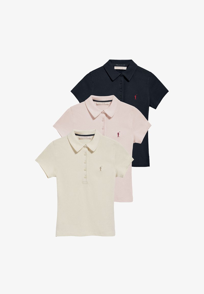 Trois polos en marine, rose et crème. Chacun présente un col classique, des manches courtes et un petit logo sur la poitrine gauche.