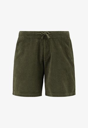 Olivenfarvede fløjlsshorts med tekstureret stof, elastisk talje og justerbar snoretræk. Lige snit med sidelommer.