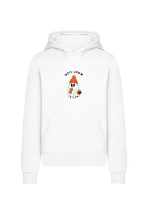 White hoodie featuring a ghost graphic with a pumpkin and drink, orange beanie, and the text "BOO CREW" above. Front kangaroo pocket included.