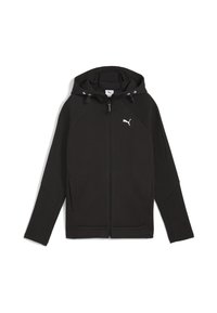 Sudadera negra con cremallera completa, capucha ajustable y paneles texturizados sutiles. Presenta un logo blanco en el pecho y bolsillos delanteros.