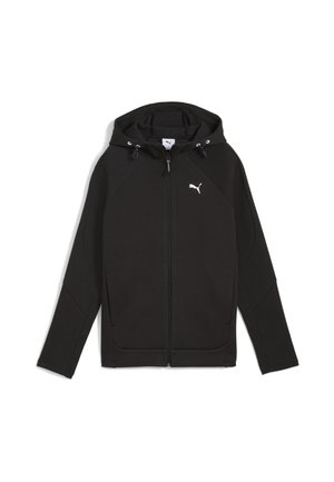 Haut à capuche noir avec une fermeture éclair intégrale, une capuche réglable par cordon et des panneaux texturés discrets. Présente un logo blanc sur la poitrine et des poches avant.