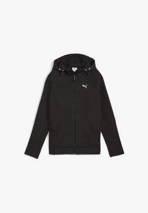 Melnā kapuce ar pilnu rāvējslēdzēju, aukliņu kapuci un smalkām tekstūrētām paneļiem. Ar baltu logotipu uz krūtīm un priekšējām kabatām.