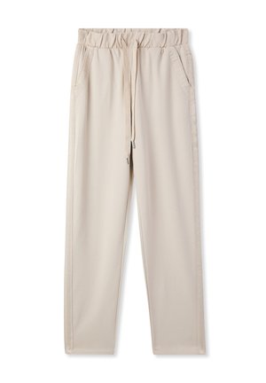 Pantaloni jogger beige con vita elasticizzata, coulisse, tasche laterali e gambe affusolate. Realizzati in un tessuto morbido ed elastico con una superficie liscia.