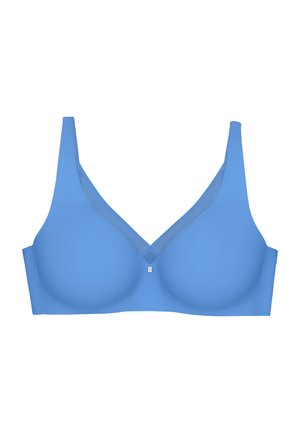 Blauwe draadloze beha met gladde stof, diepe halslijn en brede schouderbanden. Heeft een subtiel decoratief accent in het midden.