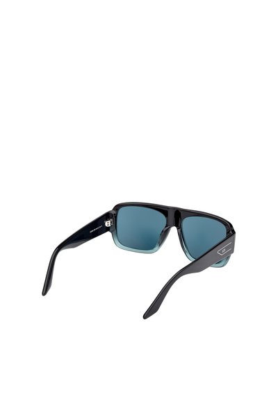 Sluneční brýle s černým rámem a modrými skleněmi. Čtvercový tvar s hladkým povrchem a přechodovým detailem na okrajích rámu.