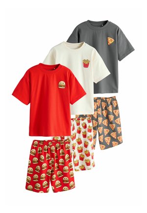 Tri sady pyžám s tričkami s krátkym rukávom a šortkami s motívmi hamburgerov, hranoliek a pizze v červenej, bielej a šedej farbe.