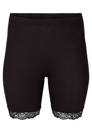 Black shorts made of soft fabric with a fitted design. Features lace trim at the hem, adding texture and detail. Elastic waistband included.