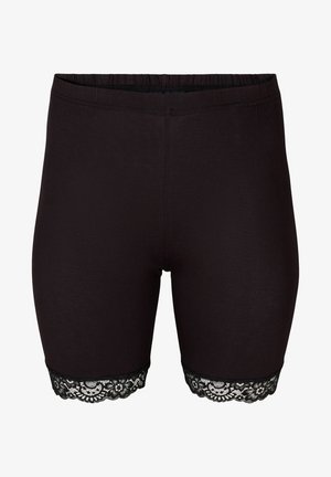 Črne hlače iz mehkega materiala s prilegajočim se dizajnom. Imajo čipkast rob na dnu, kar dodaja teksturo in podrobnosti. Vključujejo elastičen pas.