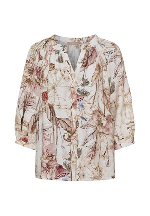 Let bluse med knapper foran, 3/4 pufærmer og et botanisk blomsterprint i afdæmpede rosa, beige og grønne nuancer på hvid baggrund.